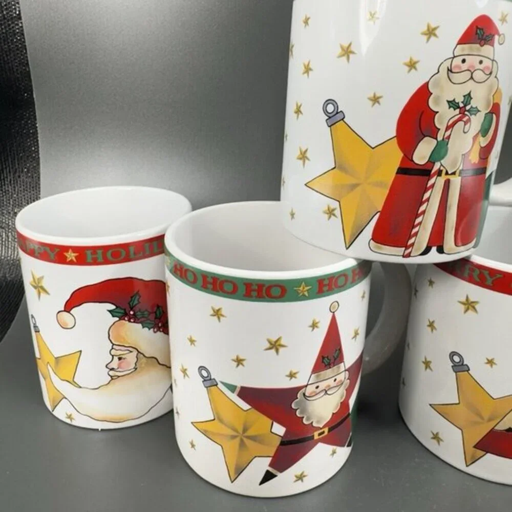 1994 Signature Housewares Santa Coffee Mug Cup Set 4 All Different Mugs Cups VTG